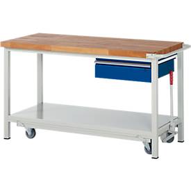 Werkbank Serie 8001, fahrbar, absenkbar, Schublade, B 1500 x T 700 x H 880 mm