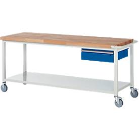 Werkbank Serie 8001, fahrbar, absenkbar, Schublade, B 2000 x T 700 x H 880 mm