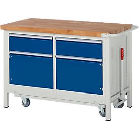 Werkbank Serie 8466, absenkbar, 2 Schubladen, 2 Türen, B 1250 x T 700 x H 880 mm