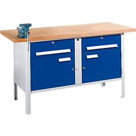 Werkbank Set PW 150-0, B 1500 mm, 2 Schübe, 2 Schränke, Zentralverschl., mit Schraubstock, lichtgrau/enzianblau