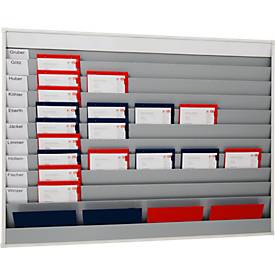 Werkstattplaner Eichner, breite Ausführung, 6 Schienen, für bis zu 30 Auftragstaschen des Formates A4, B 1580 x H 900 mm, Kunststoff, grau