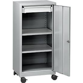 Werkzeugschrank mit Rollen, Flügeltür, 2 Böden, 1 Schub, B 500 x T 500 x H 1000 mm, abschließbar, weißaluminium