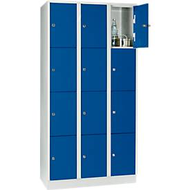 Wertfachschrank 300 mm, 3 Abteile, 12 Fächer, Sicherheitszylinderschloss, Sockel, enzianblau