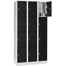 Wertfachschrank 300 mm, 3 Abteile, 12 Fächer, Sicherheitszylinderschloss, Sockel, tiefschwarz