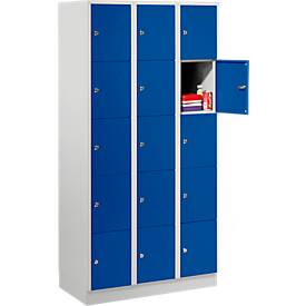 Wertfachschrank 300 mm, 3 Abteile, 15 Fächer, Sicherheitszylinderschloss, Sockel, enzianblau