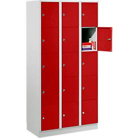 Wertfachschrank 300 mm, 3 Abteile, 15 Fächer, Sicherheitszylinderschloss, Sockel, feuerrot