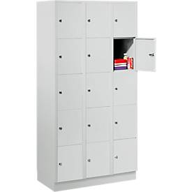 Wertfachschrank 300 mm, 3 Abteile, 15 Fächer, Sicherheitszylinderschloss, Sockel, lichtgrau