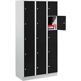 Wertfachschrank 300 mm, 3 Abteile, 15 Fächer, Sicherheitszylinderschloss, Sockel, tiefschwarz