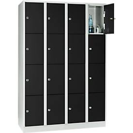 Wertfachschrank 300 mm, 4 Abteile, 16 Fächer, Sicherheitszylinderschloss, Sockel, tiefschwarz
