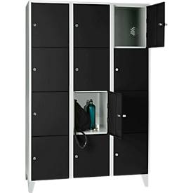 Wertfachschrank 400 mm, 3 Abteile, 12 Fächer, Sicherheitszylinderschloss, Fuß, tiefschwarz