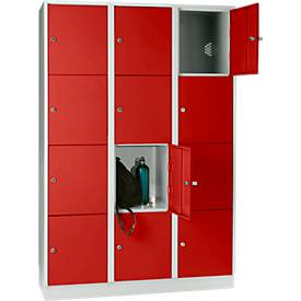 Wertfachschrank 400 mm, 3 Abteile, 12 Fächer, Sicherheitszylinderschloss, Sockel, feuerrot
