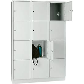 Wertfachschrank 400 mm, 3 Abteile, 12 Fächer, Sicherheitszylinderschloss, Sockel, lichtgrau