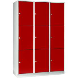 Wertfachschrank 400 mm, 3 Abteile, 9 Fächer, Sicherheitszylinderschloss, Sockel, feuerrot