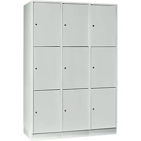 Wertfachschrank 400 mm, 3 Abteile, 9 Fächer, Sicherheitszylinderschloss, Sockel, lichtgrau
