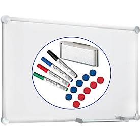 Whiteboard 2000 MAULpro, weiss kunststoffbeschichtet, magnethaftend, Rahmen silber, B 1200 x H 900 mm + 15-teiliges Zubehör-Set