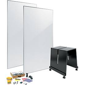 Whiteboard Set sigel MUB03, 4 stuks, 2 x Whiteboard B 900 x H 1800 mm, 1 x verrijdbaar statief & omtrekgereedschapsset.