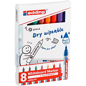 Whiteboardmarker Edding 361, Rundspitze, Strichstärke 1 mm, trocken abwischbar, mit Kappe und Clip, nachfüllbar, farbsortiertes 8er-Set