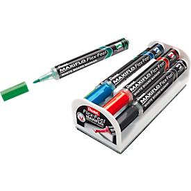 Whiteboardmarker Pentel Maxiflo Flex-Feel, Rundspitze mit variabler Strichstärke, Pumpsystem, farbsortiertes 4er-Set mit Halterung, Magnet & Schwamm