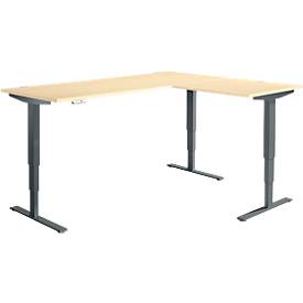Winkelschreibtisch AERO FLEX, elektrisch höhenverstellbar, 90° Winkel, T-Fuß, B 2000 x T 1600 mm, Ahorn/anthrazit + Memorypanel