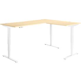 Winkelschreibtisch AERO FLEX, elektrisch höhenverstellbar, 90° Winkel, T-Fuß, B 2000 x T 1600 mm, Ahorn/weiß + Memorypanel