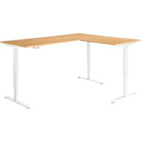 Winkelschreibtisch AERO FLEX, elektrisch höhenverstellbar, 90° Winkel, T-Fuß, B 2000 x T 1600 mm, Buche/weiß + Memorypanel
