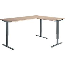 Winkelschreibtisch AERO FLEX, elektrisch höhenverstellbar, 90° Winkel, T-Fuß, B 2000 x T 1600 mm, Eiche/anthrazit + Memorypanel