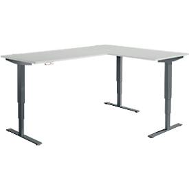 Winkelschreibtisch AERO FLEX, elektrisch höhenverstellbar, 90° Winkel, T-Fuß, B 2000 x T 1600 mm, lichtgrau/anthrazit + Memorypanel