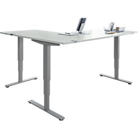 Winkelschreibtisch AERO FLEX, elektrisch höhenverstellbar, 90° Winkel, T-Fuß, B 2000 x T 1600 mm, lichtgrau/weißalu + Memorypanel