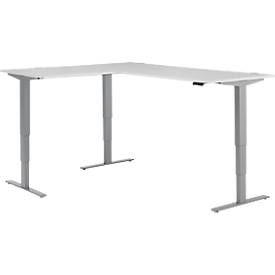 Winkelschreibtisch AERO FLEX, elektrisch höhenverstellbar, 90° Winkel, T-Fuß, B 2000 x T 1600 mm, lichtgrau/weißalu + Memorypanel