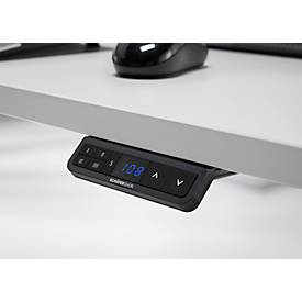 Winkelschreibtisch AERO FLEX, elektrisch höhenverstellbar, 90° Winkel, T-Fuß, B 2000 x T 1600 mm, lichtgrau/weißalu + Memorypanel