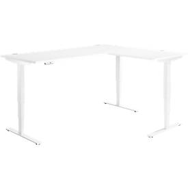 Winkelschreibtisch AERO FLEX, elektrisch höhenverstellbar, 90° Winkel, T-Fuß, B 2000 x T 1600 mm, weiß/weiß + Memorypanel