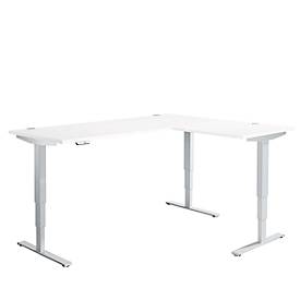 Winkelschreibtisch AERO FLEX, elektrisch höhenverstellbar, 90° Winkel, T-Fuß, B 2000 x T 1600 mm, weiß/weißalu + Memorypanel