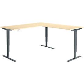 Winkelschreibtisch AERO FLEX, elektrisch höhenverstellbar, 90° Winkel, T-Fuß, B 2000 x T 2000 mm, Ahorn/anthrazit + Memorypanel