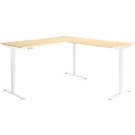 Winkelschreibtisch AERO FLEX, elektrisch höhenverstellbar, 90° Winkel, T-Fuß, B 2000 x T 2000 mm, Ahorn/weiß + Memorypanel