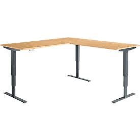 Winkelschreibtisch AERO FLEX, elektrisch höhenverstellbar, 90° Winkel, T-Fuß, B 2000 x T 2000 mm, Buche/anthrazit + Memorypanel