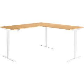 Winkelschreibtisch AERO FLEX, elektrisch höhenverstellbar, 90° Winkel, T-Fuß, B 2000 x T 2000 mm, Buche/weiß + Memorypanel