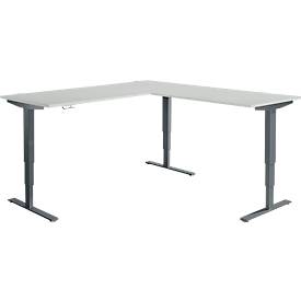 Winkelschreibtisch AERO FLEX, elektrisch höhenverstellbar, 90° Winkel, T-Fuß, B 2000 x T 2000 mm, lichtgrau/anthrazit + Memorypanel