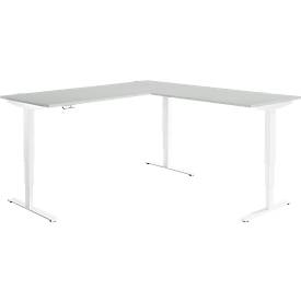 Winkelschreibtisch AERO FLEX, elektrisch höhenverstellbar, 90° Winkel, T-Fuß, B 2000 x T 2000 mm, lichtgrau/weiß + Memorypanel