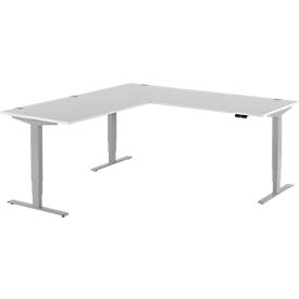 Winkelschreibtisch AERO FLEX, elektrisch höhenverstellbar, 90° Winkel, T-Fuß, B 2000 x T 2000 mm, lichtgrau/weißalu + Memorypanel