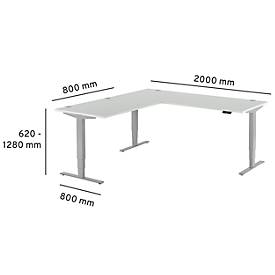 Winkelschreibtisch AERO FLEX, elektrisch höhenverstellbar, 90° Winkel, T-Fuß, B 2000 x T 2000 mm, lichtgrau/weißalu + Memorypanel