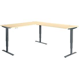 Winkelschreibtisch AERO FLEX, elektrisch höhenverstellbar, 90° Winkel, T-Fuß, B 2000 x T 2400 mm, Ahorn/anthrazit + Memorypanel