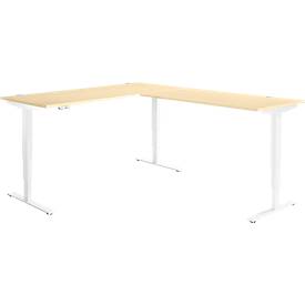 Winkelschreibtisch AERO FLEX, elektrisch höhenverstellbar, 90° Winkel, T-Fuß, B 2000 x T 2400 mm, Ahorn/weiß + Memorypanel