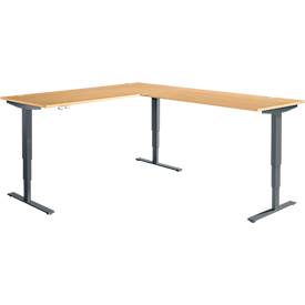 Winkelschreibtisch AERO FLEX, elektrisch höhenverstellbar, 90° Winkel, T-Fuß, B 2000 x T 2400 mm, Buche/anthrazit + Memorypanel