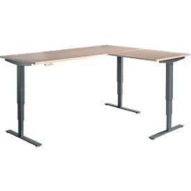 Winkelschreibtisch AERO FLEX, elektrisch höhenverstellbar, 90° Winkel, T-Fuß, B 2000 x T 2400 mm, Eiche/anthrazit + Memorypanel