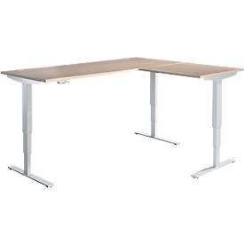 Winkelschreibtisch AERO FLEX, elektrisch höhenverstellbar, 90° Winkel, T-Fuß, B 2000 x T 2400 mm, Eiche/weißalu + Memorypanel