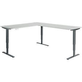 Winkelschreibtisch AERO FLEX, elektrisch höhenverstellbar, 90° Winkel, T-Fuß, B 2000 x T 2400 mm, lichtgrau/anthrazit + Memorypanel