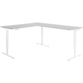 Winkelschreibtisch AERO FLEX, elektrisch höhenverstellbar, 90° Winkel, T-Fuß, B 2000 x T 2400 mm, lichtgrau/weiß + Memorypanel