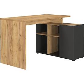 Winkelschreibtisch Athen, Rechteck, Wange, integriertes Sideboard mit 6 Fächern/griffloser Tür, B 1200 x T 900 x H 740 mm, Holz, graphit/Navarra Eiche