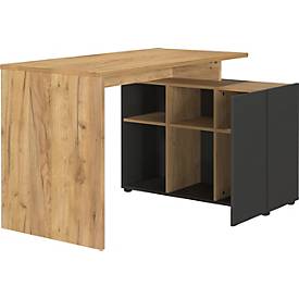 Winkelschreibtisch Athen, Rechteck, Wange, integriertes Sideboard mit 6 Fächern/griffloser Tür, B 1200 x T 900 x H 740 mm, Holz, graphit/Navarra Eiche