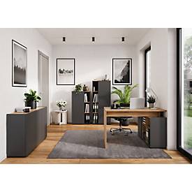 Winkelschreibtisch Athen, Rechteck, Wange, integriertes Sideboard mit 6 Fächern/griffloser Tür, B 1200 x T 900 x H 740 mm, Holz, graphit/Navarra Eiche